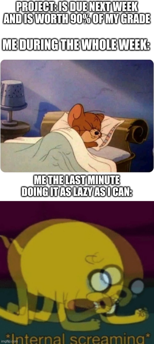 fun | PROJECT: IS DUE NEXT WEEK AND IS WORTH 90% OF MY GRADE; ME DURING THE WHOLE WEEK:; ME THE LAST MINUTE DOING IT AS LAZY AS I CAN: | image tagged in homework,school,school memes,project,tom and jerry,jake the dog internal screaming | made w/ Imgflip meme maker
