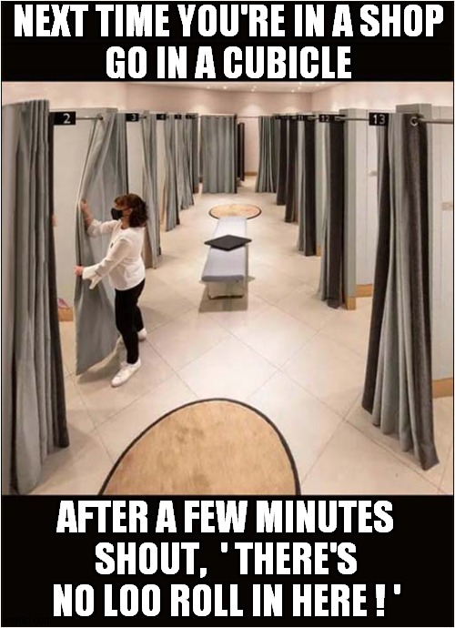 Want To Liven Up Your Shopping Experience ? | NEXT TIME YOU'RE IN A SHOP
GO IN A CUBICLE; AFTER A FEW MINUTES
SHOUT,  ' THERE'S NO LOO ROLL IN HERE ! ' | image tagged in shopping,cubicles,dressing room,toilet paper,dark humour | made w/ Imgflip meme maker