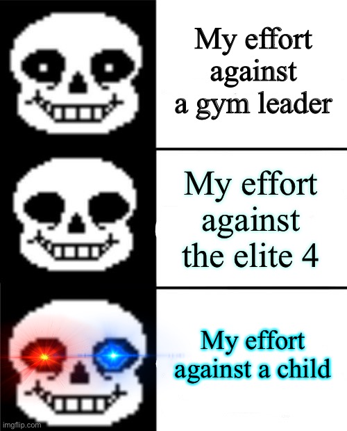 Anyone who has dark intentions will understand this Pokémon meme | My effort against a gym leader; My effort against the elite 4; My effort against a child | image tagged in sans | made w/ Imgflip meme maker