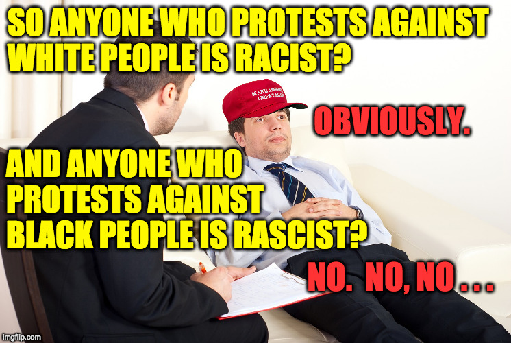 Shrink | SO ANYONE WHO PROTESTS AGAINST
WHITE PEOPLE IS RACIST? OBVIOUSLY. AND ANYONE WHO
PROTESTS AGAINST
BLACK PEOPLE IS RASCIST? NO.  NO, NO . . . | image tagged in shrink | made w/ Imgflip meme maker