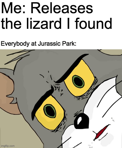 Welcome to Jurassic Park | Me: Releases the lizard I found; Everybody at Jurassic Park: | image tagged in memes,unsettled tom,jurassic park,jurassic world,dinosaur,dinosaurs | made w/ Imgflip meme maker