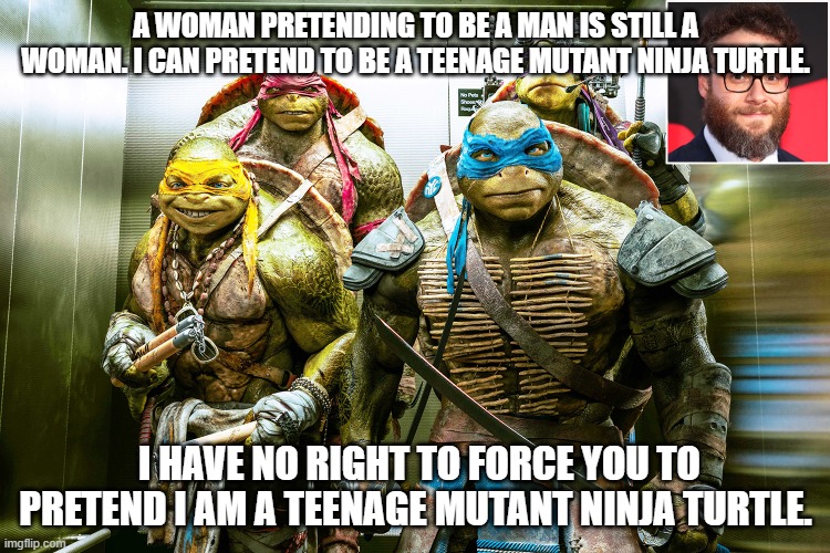 Biology | A WOMAN PRETENDING TO BE A MAN IS STILL A WOMAN. I CAN PRETEND TO BE A TEENAGE MUTANT NINJA TURTLE. I HAVE NO RIGHT TO FORCE YOU TO PRETEND I AM A TEENAGE MUTANT NINJA TURTLE. | image tagged in biology,trans,right | made w/ Imgflip meme maker