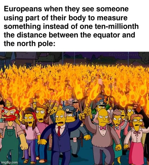 metric feet | image tagged in metric,north pole,european,memes,funny,simpsons angry mob torches | made w/ Imgflip meme maker