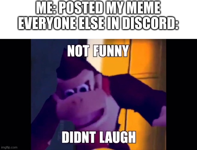 not funny | ME: POSTED MY MEME
EVERYONE ELSE IN DISCORD: | image tagged in not funny didn't laugh,discord | made w/ Imgflip meme maker