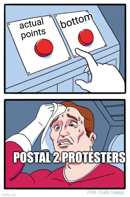 Two Buttons | bottom; actual
points; POSTAL 2 PROTESTERS | image tagged in memes,two buttons | made w/ Imgflip meme maker