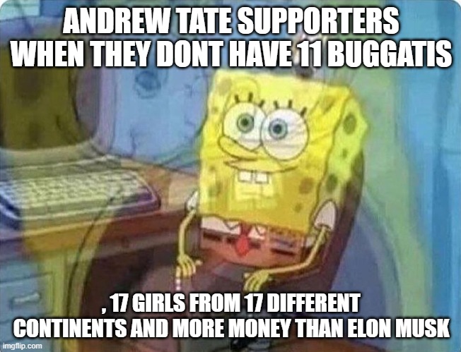 spongebob screaming inside | ANDREW TATE SUPPORTERS WHEN THEY DONT HAVE 11 BUGGATIS; , 17 GIRLS FROM 17 DIFFERENT CONTINENTS AND MORE MONEY THAN ELON MUSK | image tagged in spongebob screaming inside,memes | made w/ Imgflip meme maker