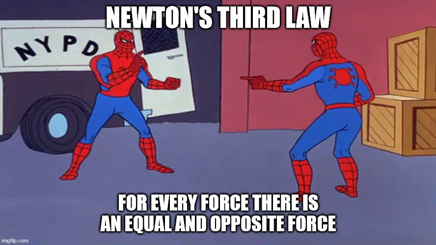 Newton's Third Law | NEWTON'S THIRD LAW; FOR EVERY FORCE THERE IS AN EQUAL AND OPPOSITE FORCE | image tagged in science,spiderman pointing at spiderman | made w/ Imgflip meme maker