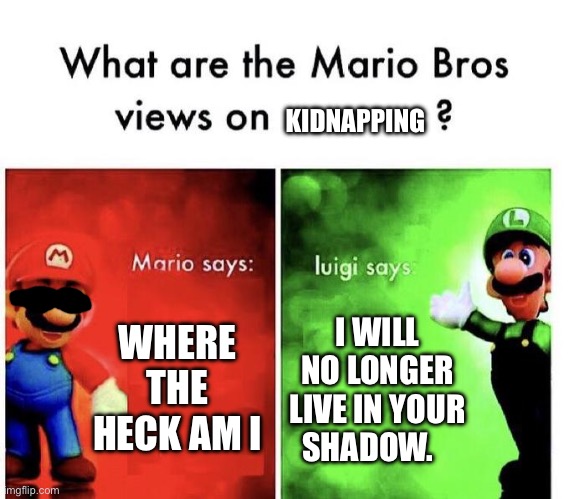 It’s a me, WAIT LUIGI WHAT THE HECK ARE YOU DOING | KIDNAPPING; WHERE THE HECK AM I; I WILL NO LONGER LIVE IN YOUR SHADOW. | image tagged in mario | made w/ Imgflip meme maker