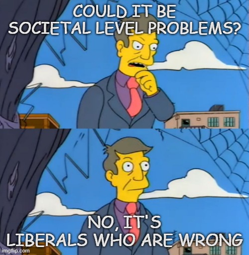 Simpsons Principle | COULD IT BE SOCIETAL LEVEL PROBLEMS? NO, IT'S LIBERALS WHO ARE WRONG | image tagged in simpsons principle | made w/ Imgflip meme maker