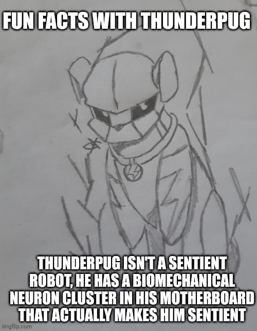 I included it because I think that ai will never truly be sentient | FUN FACTS WITH THUNDERPUG; THUNDERPUG ISN'T A SENTIENT ROBOT, HE HAS A BIOMECHANICAL NEURON CLUSTER IN HIS MOTHERBOARD THAT ACTUALLY MAKES HIM SENTIENT | image tagged in thunderpug 3000 | made w/ Imgflip meme maker