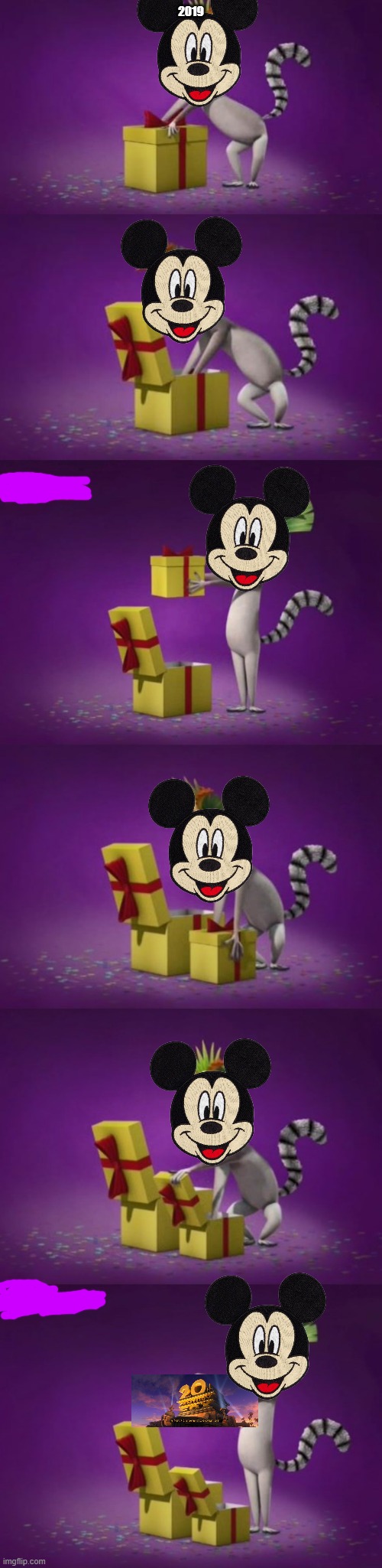 the day disney bought fox | 2019 | image tagged in king julian unboxing present in his mind,flashback,disney,new meme | made w/ Imgflip meme maker