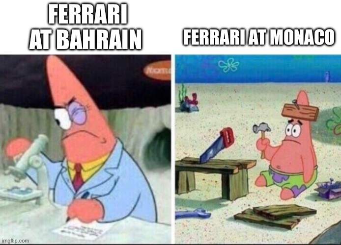 “Box now, box!” “Stay out! Stay out!” | FERRARI AT MONACO; FERRARI AT BAHRAIN | image tagged in smart and dumb patrick star,f1 | made w/ Imgflip meme maker