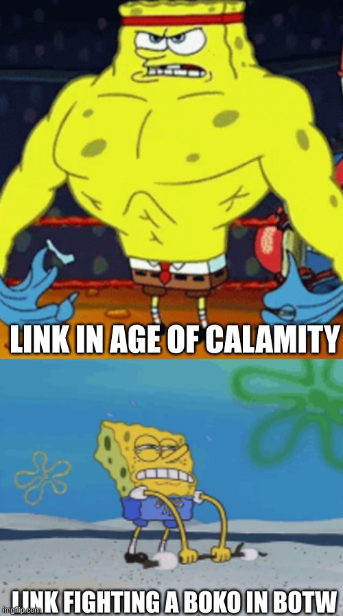 Link | LINK IN AGE OF CALAMITY; LINK FIGHTING A BOKO IN BOTW | image tagged in gaming,the legend of zelda breath of the wild | made w/ Imgflip meme maker