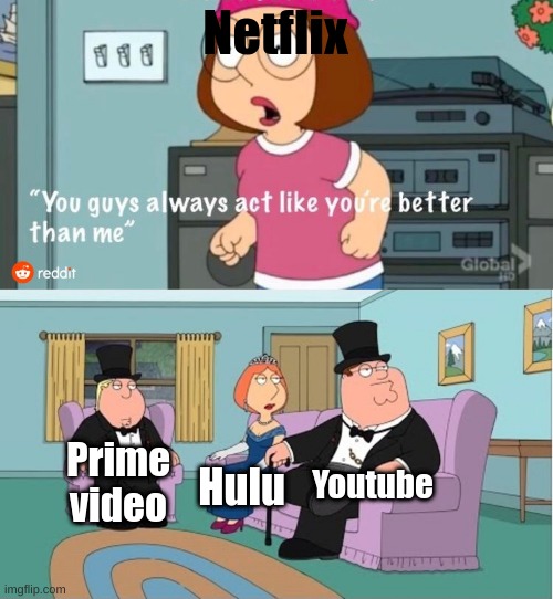 You Guys always act like you're better than me | Netflix; Youtube; Prime video; Hulu | image tagged in you guys always act like you're better than me,memes,funny | made w/ Imgflip meme maker