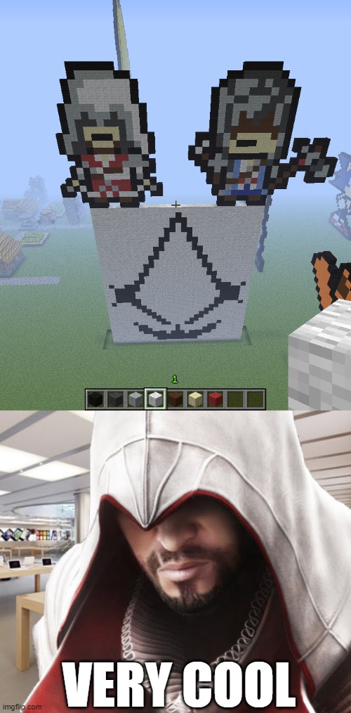 its a crossover | VERY COOL | image tagged in ezio buy apple,crossover,assassin's creed,minecraft | made w/ Imgflip meme maker