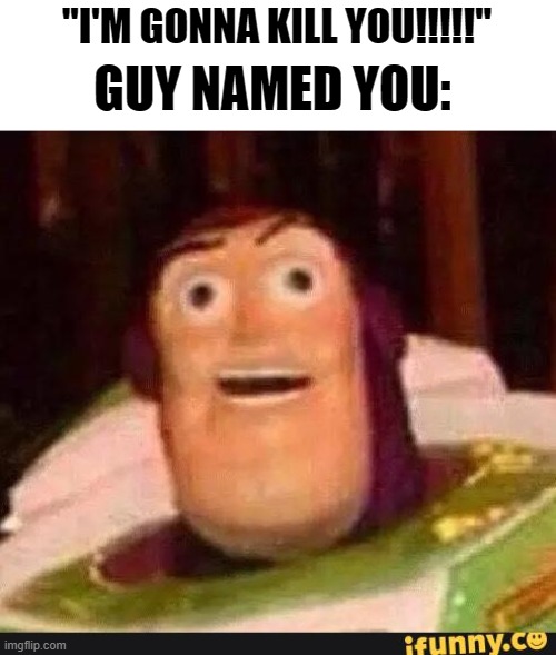You | "I'M GONNA KILL YOU!!!!!"; GUY NAMED YOU: | image tagged in funny buzz lightyear | made w/ Imgflip meme maker