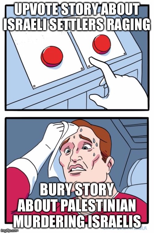 Choice button | UPVOTE STORY ABOUT ISRAELI SETTLERS RAGING; BURY STORY ABOUT PALESTINIAN MURDERING ISRAELIS | image tagged in choice button | made w/ Imgflip meme maker