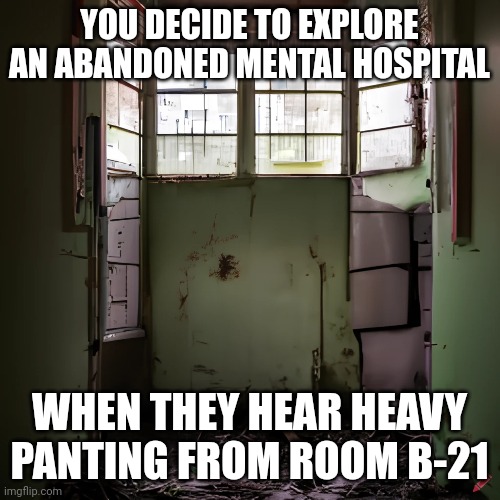 Made with Craiyon AI, no joke or op ocs, multiple ocs are allowed | YOU DECIDE TO EXPLORE AN ABANDONED MENTAL HOSPITAL; WHEN THEY HEAR HEAVY PANTING FROM ROOM B-21 | image tagged in do not read the tags | made w/ Imgflip meme maker