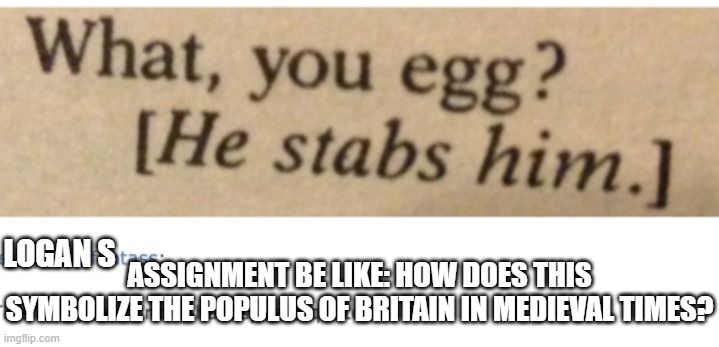 LOGAN S; ASSIGNMENT BE LIKE: HOW DOES THIS SYMBOLIZE THE POPULUS OF BRITAIN IN MEDIEVAL TIMES? | made w/ Imgflip meme maker