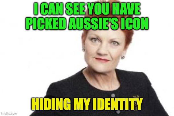 Pauline Hanson | I CAN SEE YOU HAVE PICKED AUSSIE'S ICON HIDING MY IDENTITY | image tagged in pauline hanson | made w/ Imgflip meme maker