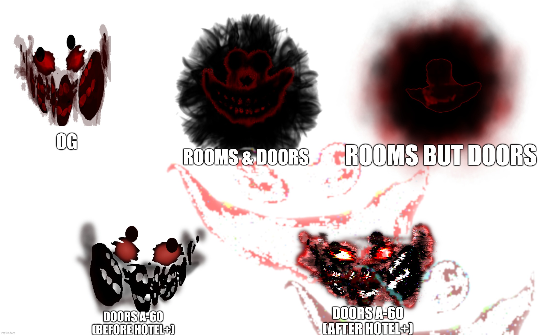 The 5 horsemen of A-60 | OG; ROOMS & DOORS; ROOMS BUT DOORS; DOORS A-60
(AFTER HOTEL+); DOORS A-60
(BEFORE HOTEL+) | made w/ Imgflip meme maker