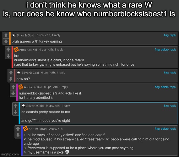 i don't think he knows what a rare W is, nor does he know who numberblocksisbest1 is | made w/ Imgflip meme maker