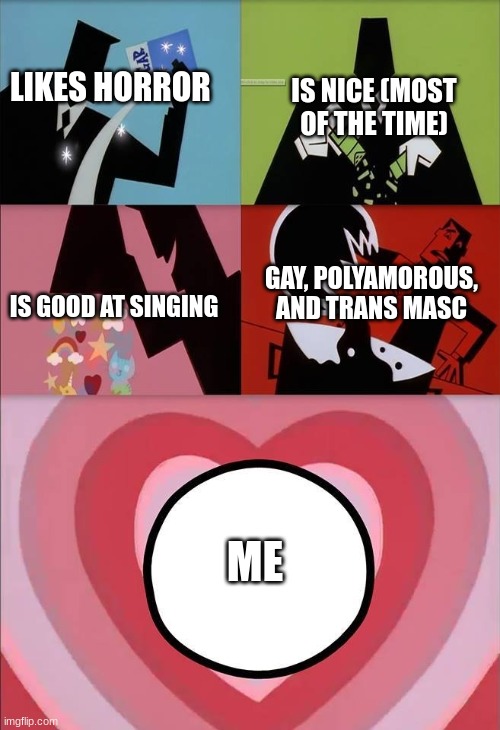 :) | LIKES HORROR; IS NICE (MOST OF THE TIME); GAY, POLYAMOROUS, AND TRANS MASC; IS GOOD AT SINGING; ME | image tagged in power puff girls,gay | made w/ Imgflip meme maker
