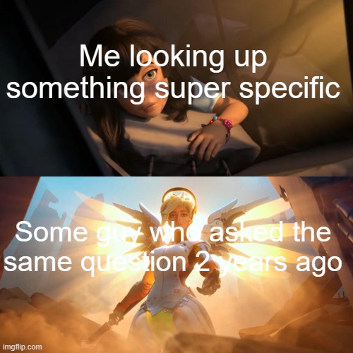 This man is a savior to Google. | Me looking up something super specific; Some guy who asked the same question 2 years ago | image tagged in overwatch mercy meme | made w/ Imgflip meme maker