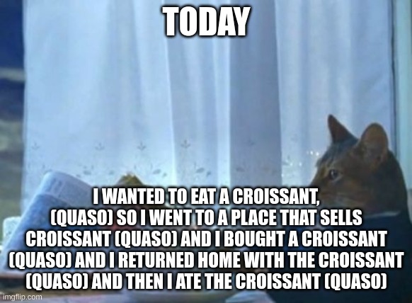 I Should Buy A Boat Cat Meme | TODAY; I WANTED TO EAT A CROISSANT, (QUASO) SO I WENT TO A PLACE THAT SELLS CROISSANT (QUASO) AND I BOUGHT A CROISSANT (QUASO) AND I RETURNED HOME WITH THE CROISSANT (QUASO) AND THEN I ATE THE CROISSANT (QUASO) | image tagged in memes,i should buy a boat cat | made w/ Imgflip meme maker