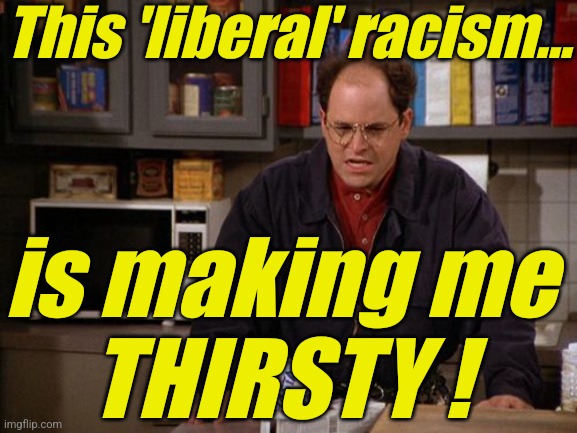 Making Me Thirsty George Costanza | This 'liberal' racism... is making me
THIRSTY ! | image tagged in making me thirsty george costanza | made w/ Imgflip meme maker