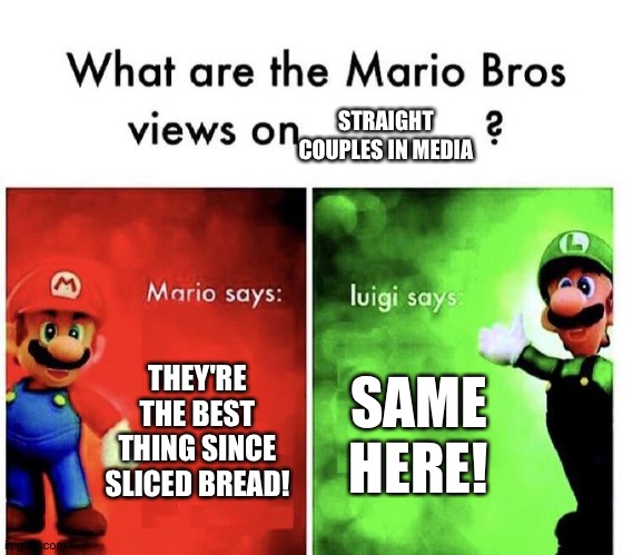 Mario Bros Views | STRAIGHT COUPLES IN MEDIA; THEY'RE THE BEST THING SINCE SLICED BREAD! SAME HERE! | image tagged in mario bros views | made w/ Imgflip meme maker