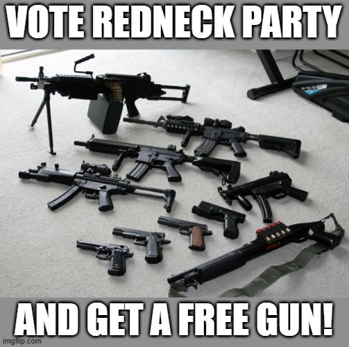 guns | VOTE REDNECK PARTY; AND GET A FREE GUN! | image tagged in guns | made w/ Imgflip meme maker