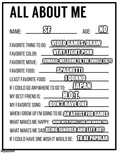 I'm gay | NO; SF; VIDEO GAMES/DRAW; VERY LIGHT PINK; SPAGHETTI; JUMANJI: WELCOME TO THE JUNGLE (IG?); I DUNNO; JAPAN; H.O.T. DON'T HAVE ONE; AN ARTIST FOR GAMES; BEING WITH PEOPLE I LIKE AND HAVING FUN; BEING IGNORED AND LEFT OUT; TO BE POPULAR | image tagged in why are you reading the tags,stop reading the tags,stop | made w/ Imgflip meme maker