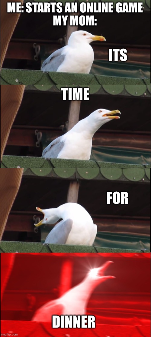 The timing is impeccable | ME: STARTS AN ONLINE GAME
MY MOM:; ITS; TIME; FOR; DINNER | image tagged in memes,inhaling seagull | made w/ Imgflip meme maker