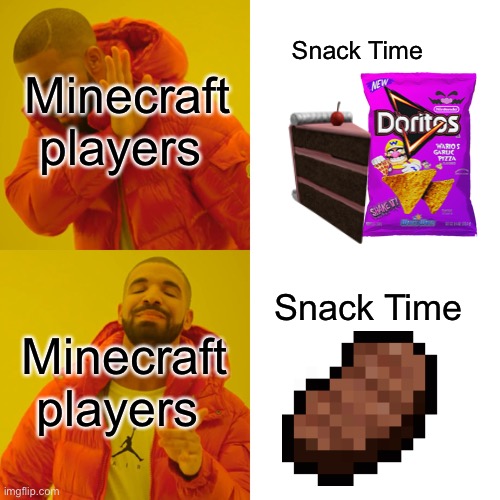 Snack Time portrayed by Minecraft | Minecraft players; Snack Time; Snack Time; Minecraft players | image tagged in memes,drake hotline bling | made w/ Imgflip meme maker
