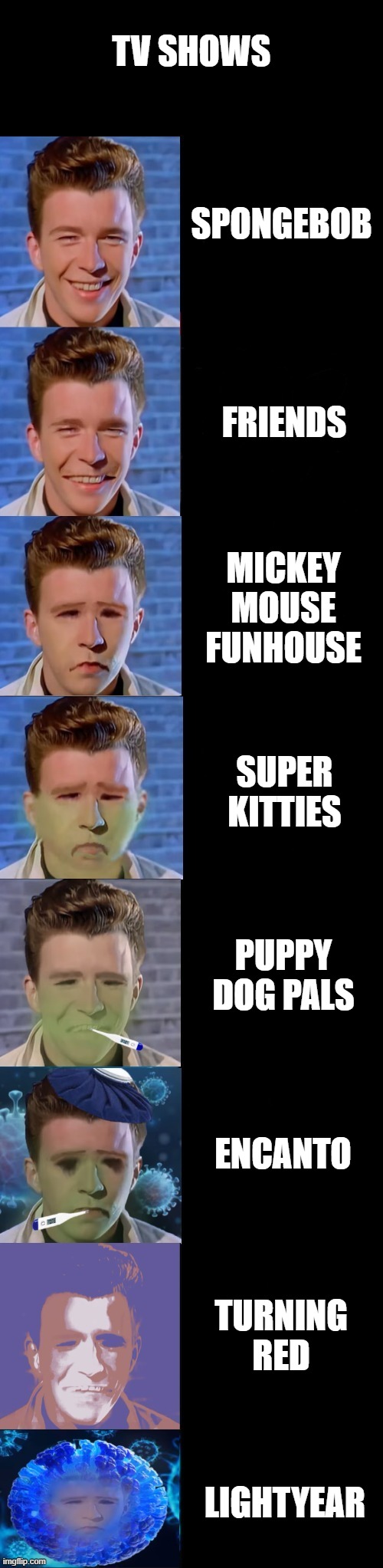 Rick Astley Becoming Sick | TV SHOWS; SPONGEBOB; FRIENDS; MICKEY MOUSE FUNHOUSE; SUPER KITTIES; PUPPY DOG PALS; ENCANTO; TURNING RED; LIGHTYEAR | image tagged in rick astley becoming sick | made w/ Imgflip meme maker