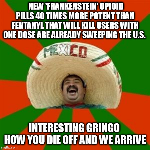 succesful mexican | NEW 'FRANKENSTEIN' OPIOID PILLS 40 TIMES MORE POTENT THAN FENTANYL THAT WILL KILL USERS WITH ONE DOSE ARE ALREADY SWEEPING THE U.S. INTERESTING GRINGO 
HOW YOU DIE OFF AND WE ARRIVE | image tagged in succesful mexican | made w/ Imgflip meme maker