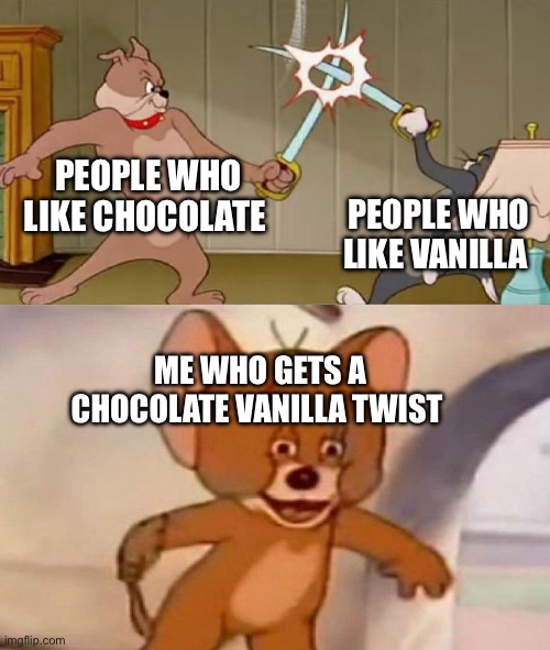 Ice cream debates be like | PEOPLE WHO LIKE CHOCOLATE; PEOPLE WHO LIKE VANILLA; ME WHO GETS A CHOCOLATE VANILLA TWIST | image tagged in tom and jerry swordfight | made w/ Imgflip meme maker