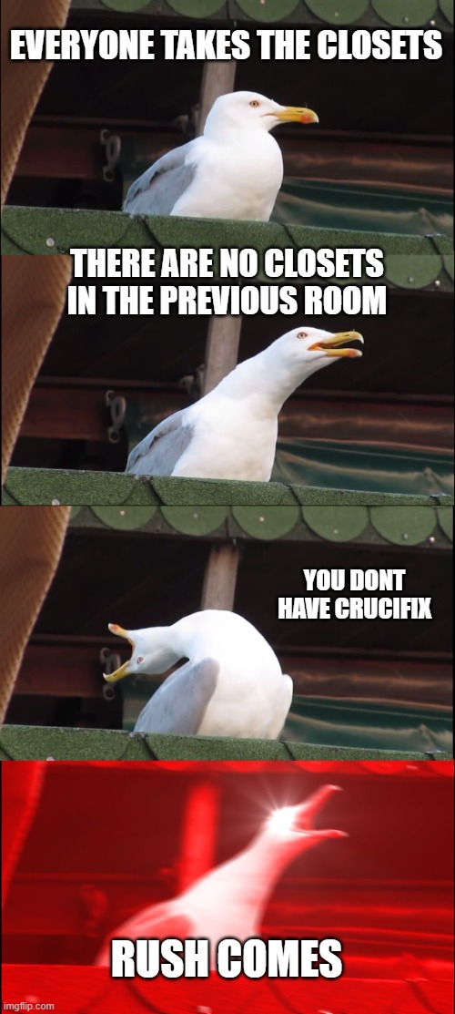 rip | EVERYONE TAKES THE CLOSETS; THERE ARE NO CLOSETS IN THE PREVIOUS ROOM; YOU DONT HAVE CRUCIFIX; RUSH COMES | image tagged in memes,inhaling seagull | made w/ Imgflip meme maker