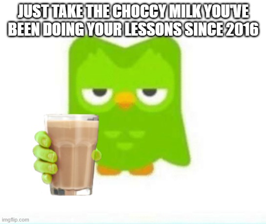 yay i can escape | JUST TAKE THE CHOCCY MILK YOU'VE BEEN DOING YOUR LESSONS SINCE 2016 | image tagged in choccy milk,memes,funny,duolingo | made w/ Imgflip meme maker