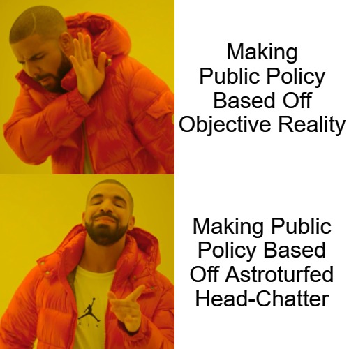 Meet the People Who Would Hang Harrison Bergeron | Making Public Policy Based Off Objective Reality; Making Public Policy Based Off Astroturfed Head-Chatter | image tagged in drake hotline bling,transgender,equality,clown world,equity,affirmative action | made w/ Imgflip meme maker