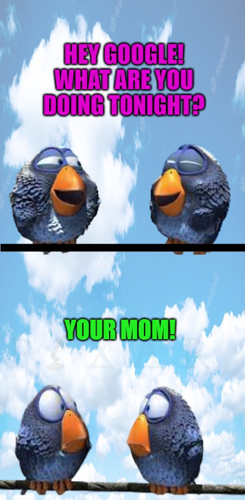 HEY GOOGLE!
WHAT ARE YOU DOING TONIGHT? YOUR MOM! | image tagged in hey google | made w/ Imgflip meme maker