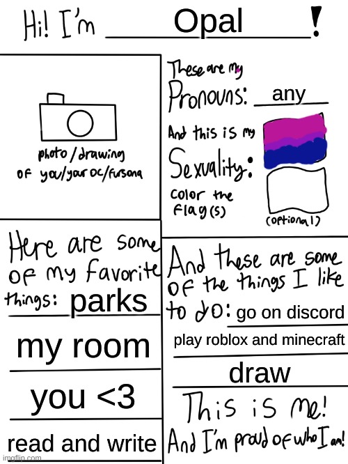wsggg | Opal; any; parks; go on discord; my room; play roblox and Minecraft; draw; you <3; read and write | image tagged in lgbtq stream account profile | made w/ Imgflip meme maker