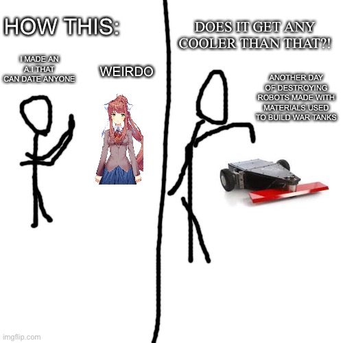 Reject a.i waifu return to battle bots | DOES IT GET ANY COOLER THAN THAT?! HOW THIS:; WEIRDO; I MADE AN A.I THAT CAN DATE ANYONE; ANOTHER DAY OF DESTROYING ROBOTS MADE WITH MATERIALS USED TO BUILD WAR TANKS | image tagged in memes,robots,anime,funny | made w/ Imgflip meme maker