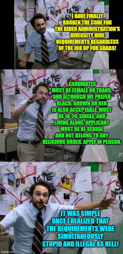 Sadly this is NOT a conspiracy theory.  It is instead the absolute truth. | I HAVE FINALLY BROKEN THE CODE FOR THE BIDEN ADMINISTRATION'S DIVERSITY HIRE REQUIREMENTS REGARDLESS OF THE JOB UP FOR GRABS! CANDIDATES MUST BE FEMALE OR TRANS; AND ALTHOUGH WE PREFER BLACK; BROWN OR RED IS ALSO ACCEPTABLE. MUST BE 18-24, SINGLE, AND LIVING ALONE. APPLICANT MUST BE BI-SEXUAL AND NOT BELONG TO ANY RELIGIOUS ORDER. APPLY IN PERSON. IT WAS SIMPLE ONCE I REALIZED THAT THE REQUIREMENTS WERE SIMULTANEOUSLY STUPID AND ILLEGAL AS HELL! | image tagged in facts | made w/ Imgflip meme maker