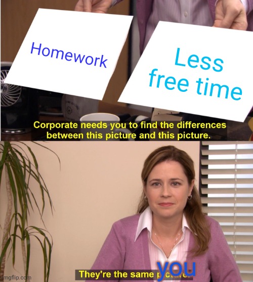 They're The Same Picture | Homework; Less free time; you | image tagged in memes,they're the same picture | made w/ Imgflip meme maker