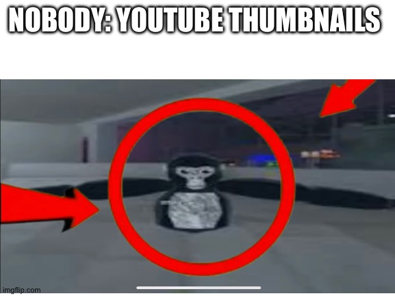 Youtube?? | NOBODY: YOUTUBE THUMBNAILS | image tagged in gorilla | made w/ Imgflip meme maker