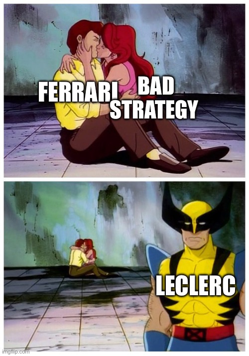 Couple makes out while Wolverine looks disappointed | BAD STRATEGY; FERRARI; LECLERC | image tagged in couple makes out while wolverine looks disappointed,f1 | made w/ Imgflip meme maker