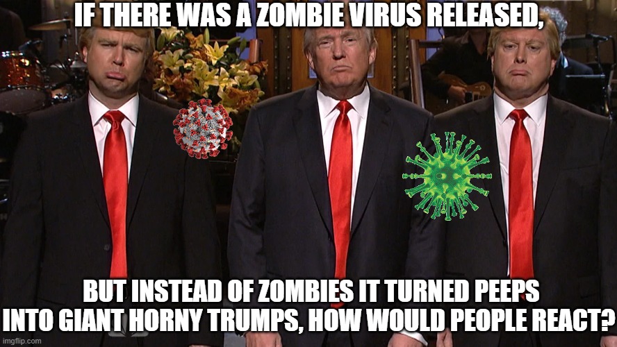 Would the left suddenly become pro 2nd amendment? Would the right suddenly support lockdown mandates? | IF THERE WAS A ZOMBIE VIRUS RELEASED, BUT INSTEAD OF ZOMBIES IT TURNED PEEPS INTO GIANT HORNY TRUMPS, HOW WOULD PEOPLE REACT? | image tagged in trump,virus,zombies,horny,liberal vs conservative,2nd amendment | made w/ Imgflip meme maker