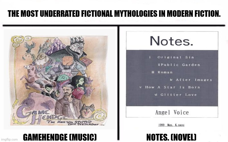 Who Would Win Blank | THE MOST UNDERRATED FICTIONAL MYTHOLOGIES IN MODERN FICTION. GAMEHENDGE (MUSIC)                                 NOTES. (NOVEL) | image tagged in memes,magic,myth | made w/ Imgflip meme maker